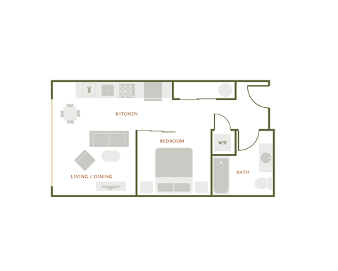 Floor plan for 1 bed, 1 bath, 498 sqft